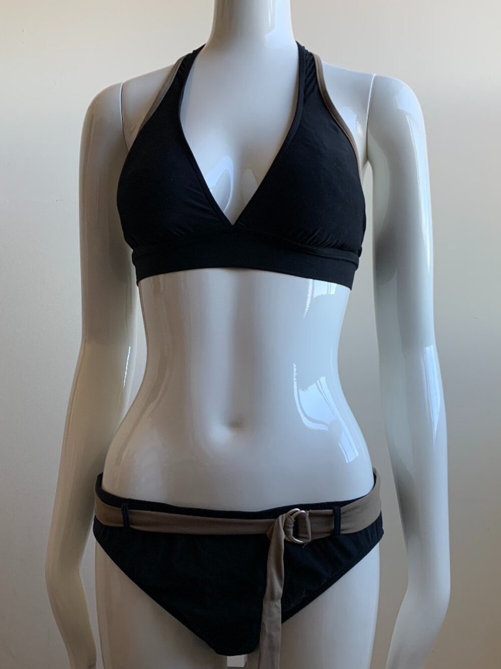 Leilani black halter full coverage belted halter top bikini
